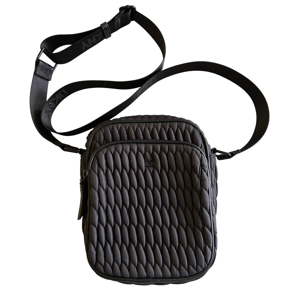 DKNY Black Quilted Nylon Crossbody Bag Logo Strap Smocked Camera Mens Womens